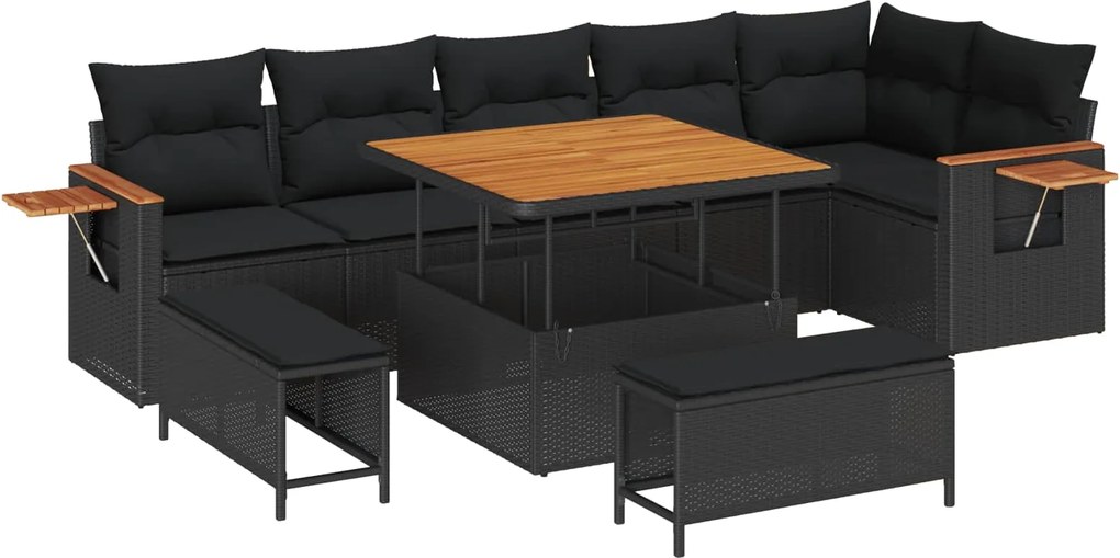 vidaXL Kerti Kanapé Szett 9 pcs Fekete Poli rattan és porfestett acél