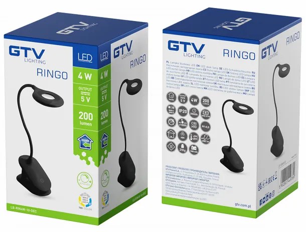 Lámpa Asztali RINGO, 4W, 200lm.DC5V, 1A, 3000K-6000K, 3-CCT, bat.1200 mAh, Ra>80, fényerő-szabályozás, fekete