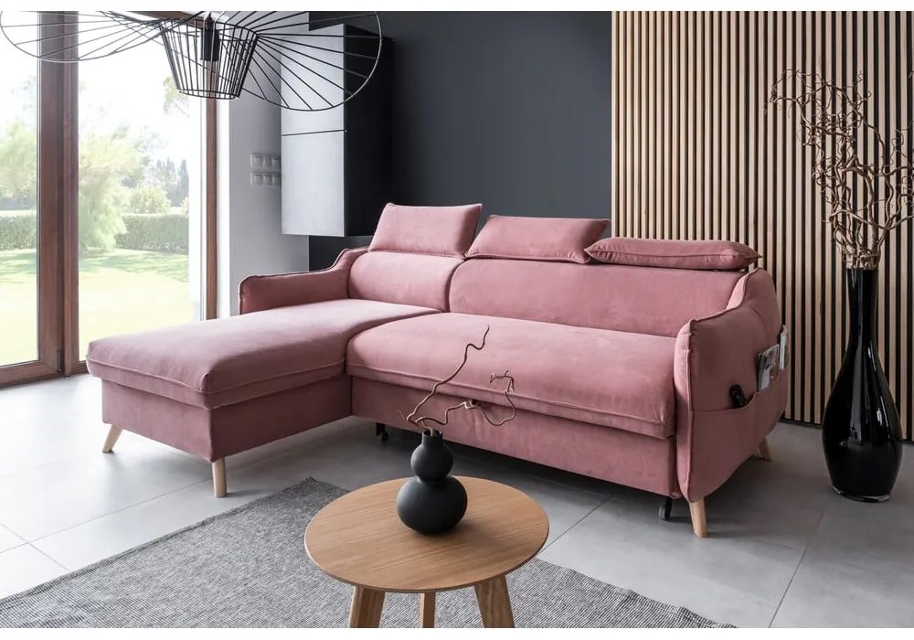 Világos rózsaszín bársony kinyitható sarokkanapé (bal oldali) Sweet Harmony – Miuform