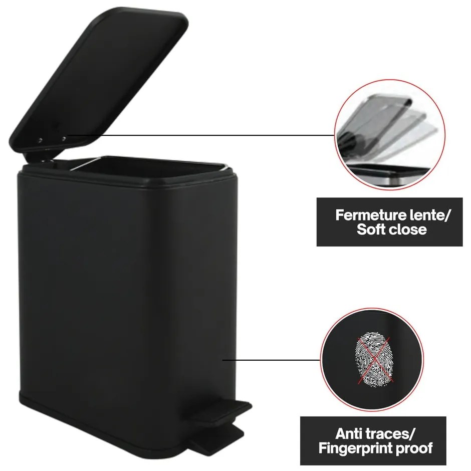 Matt fekete acél pedálos szemetes 5 l Erik – Spirella