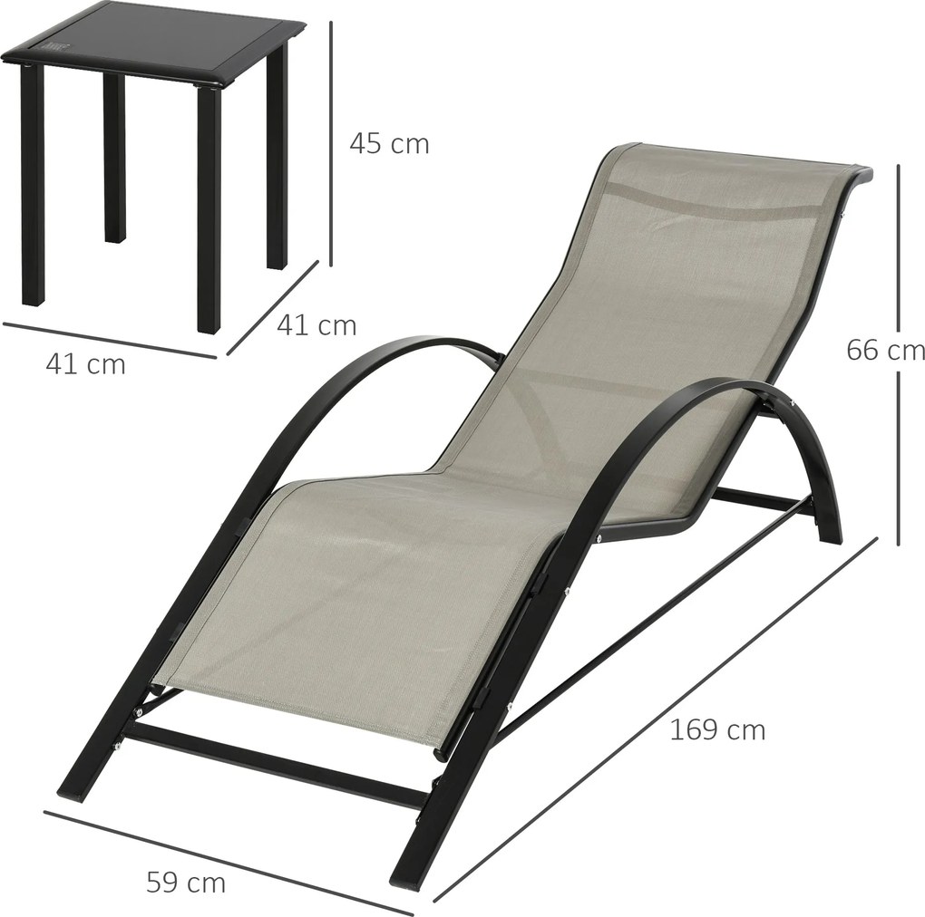 Outsunny 2 db Modern Designű Napozóágy Üveglapos Kávézóasztallal Epoxi Fém Szürke Textilene | Aosom