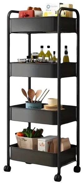 Fürdőszobai-konyhai 4 szintes gurulós tárolópolc, 90 cm magas, fekete