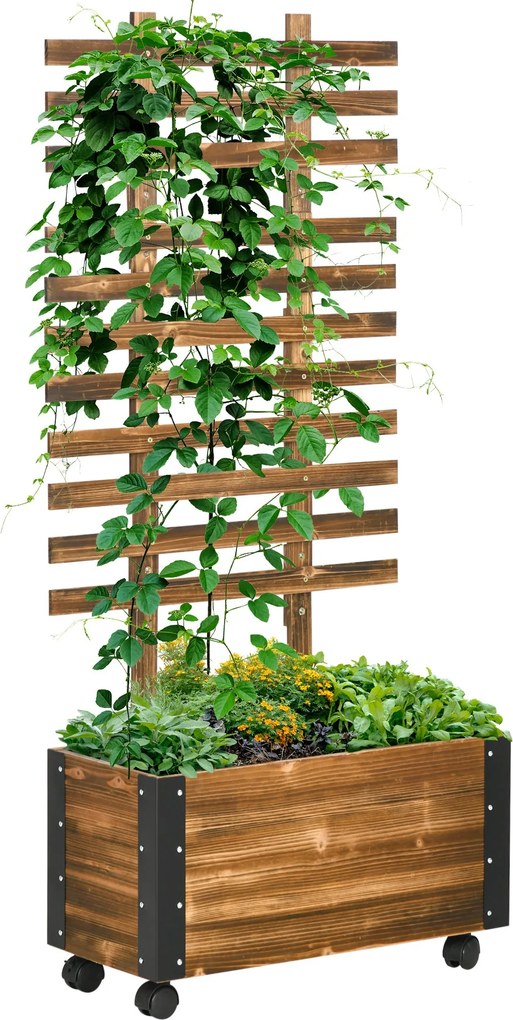 Outsunny Magaságyás Növényi Tálca Trellis-szel, Fa Virágláda, Kerekes Zöldségágyás, Kert Trellis 65x31x147cm Mászó Növényekhez, Virágokhoz, Szénszürke