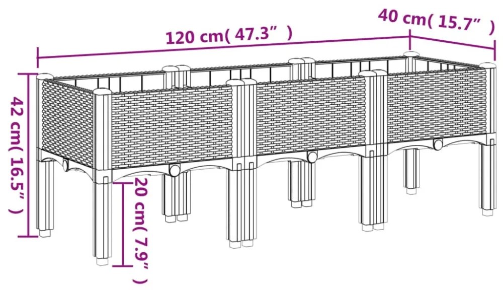szürke PP rácsos kerti ültetőláda 120 x 40 x 42 cm