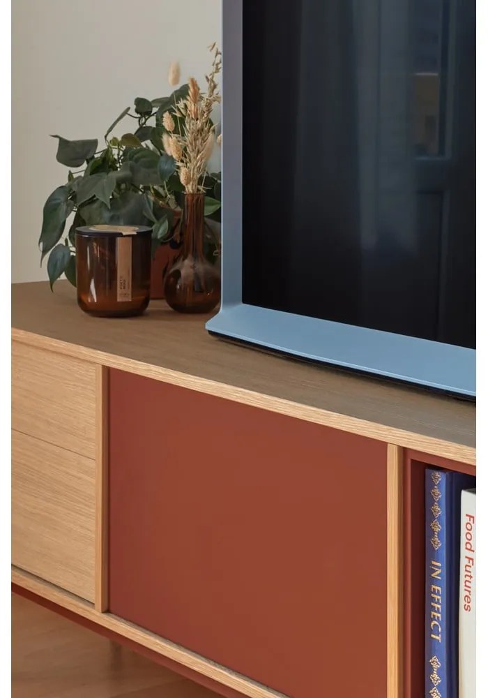 Yoko téglavörös TV-állvány tölgyfa dekorral - Teulat