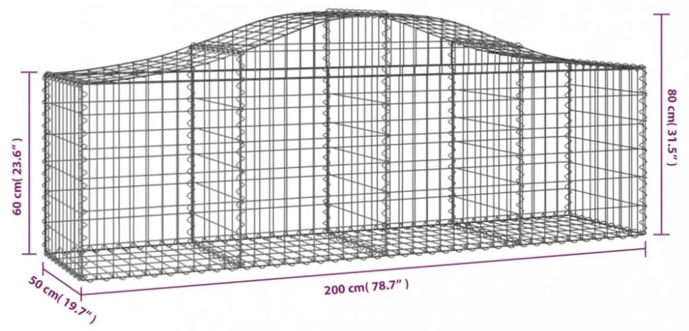 vidaXL 50 db íves horganyzott vas gabion kosár 200x50x60/80 cm