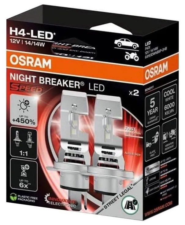 SZETT 2 db LED autóizzó NIGHT BREAKER SPEED H4 P43T/14W/12V 6000K - Osram