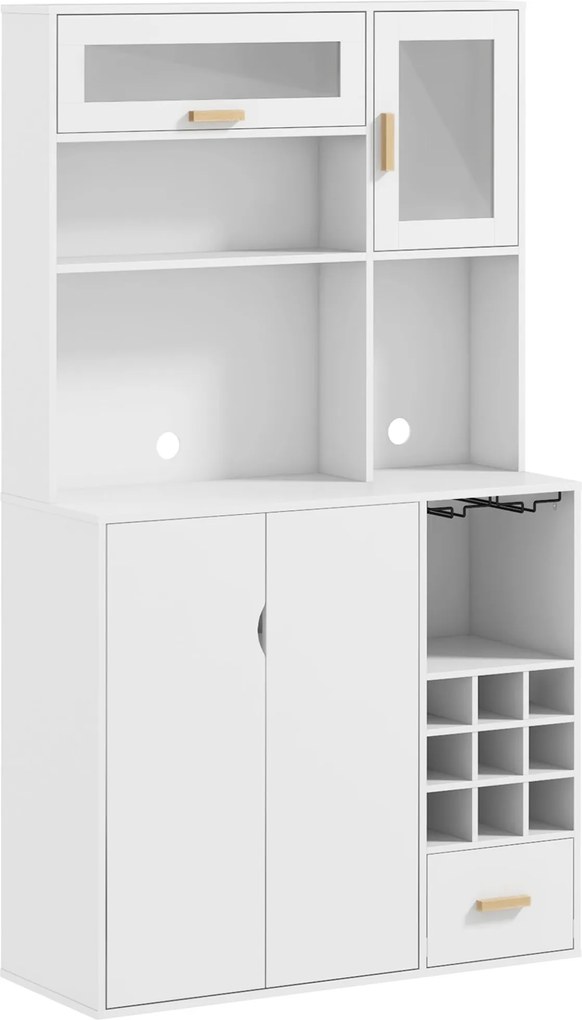 HOMCOM Magas Szekrény Borospolccal, 3 Szekrény, 4 Polc és Fiók, Modern Szekrény Forgácslapból és Fenyőfából, 100x38x172 cm, Fehér | Aosom