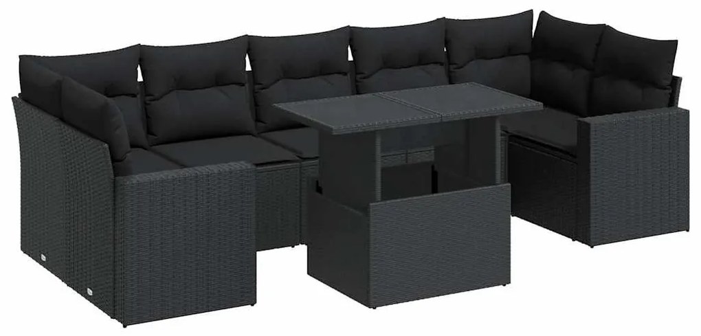 8 részes fekete polyrattan kerti ülőgarnitúra párnákkal