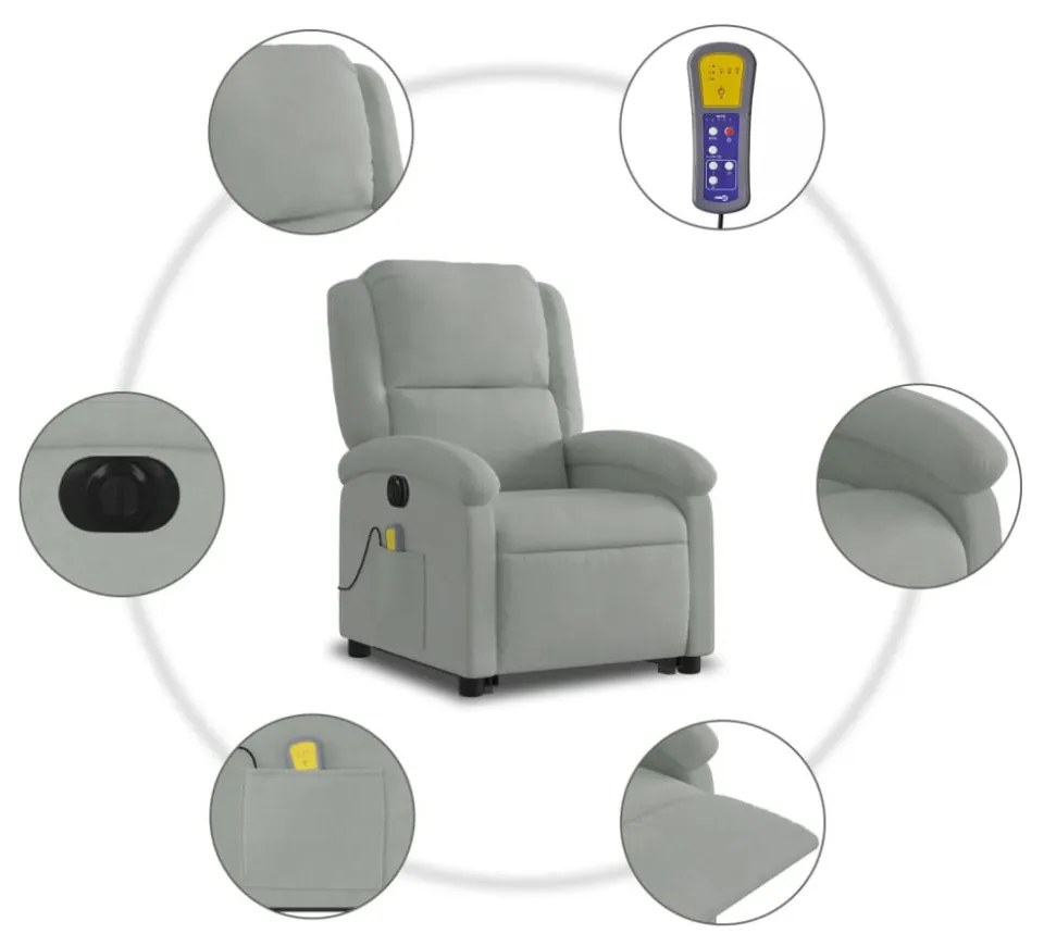 elektromos felállást segítő világosszürke bársony masszázsfotel
