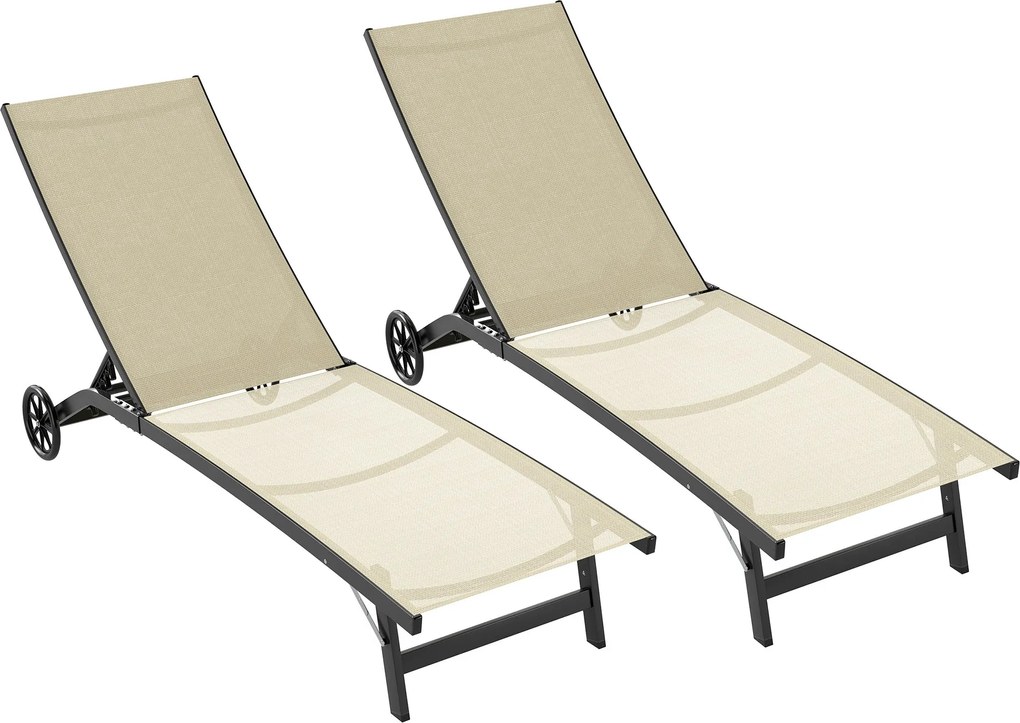 Outsunny 2 db napozóágy alumíniumból és textilénből kerekekkel, állítható háttámla, max. teherbírás 150 kg, khaki | Aosom