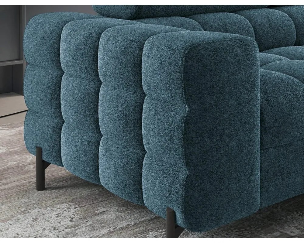 Kék buklé kinyitható-tárolóhelyes sarokkanapé (jobb oldali-L alakú) Ferucce – ELTAP