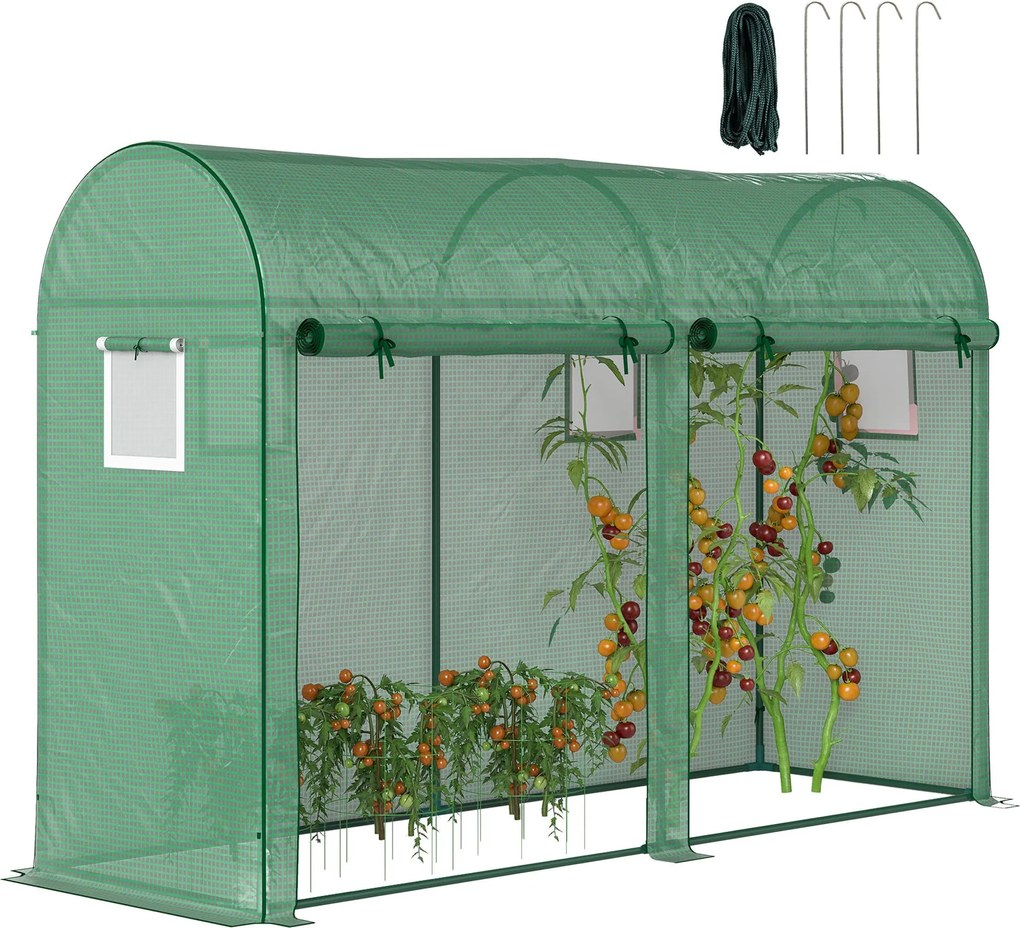 Outsunny Üvegház 300x100x200 cm 4 Ablakkal és 2 Ajtóval a Növények, Virágok és Zöldségek Neveléséhez, PE és Acél Anyagból | Aosom