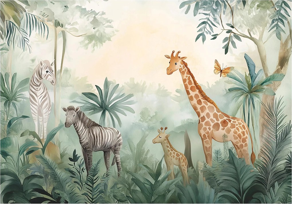 Fotótapéta dzsungel állatok zsiráf zebra gyerekeknek a szobába +ragasztó