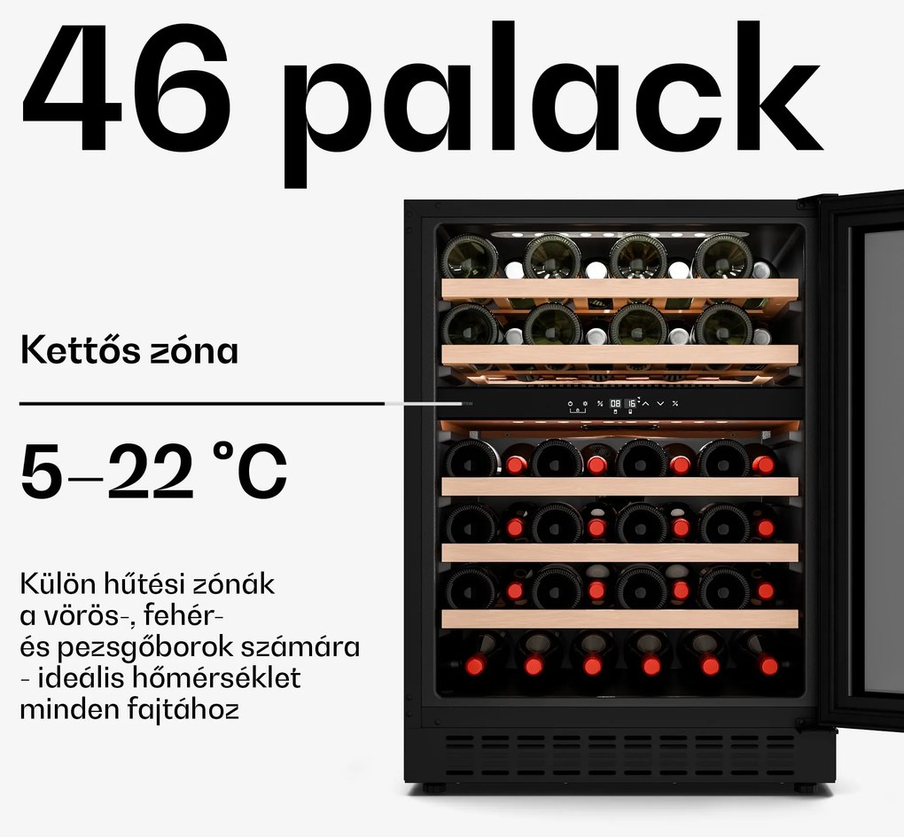 Klarstein Velaire pult alatti borhűtő, modern, elegáns, UV-védelem, Kétzónás, 46 palack
