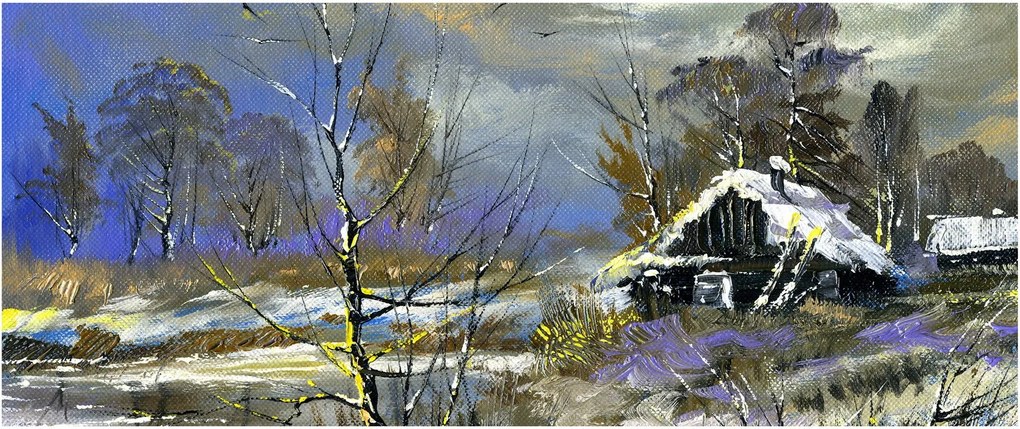 Téli tájon lévő házikó képe, olajfestmény (120x50 cm)