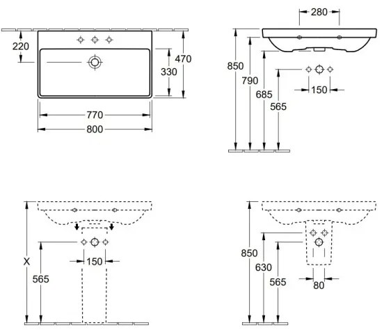 Villeroy & Boch 41568001 - Függesztett mosdó AVENTO 80x47 cm kerámia/fehér
