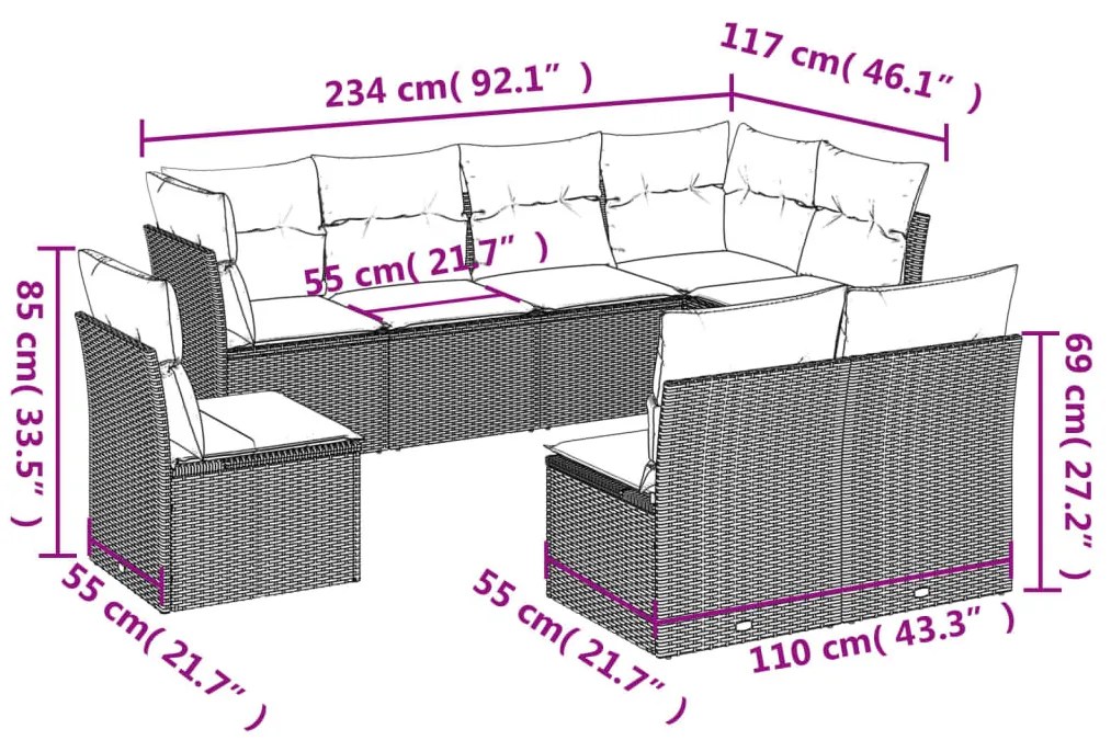8 részes barna polyrattan kerti ülőgarnitúra párnákkal