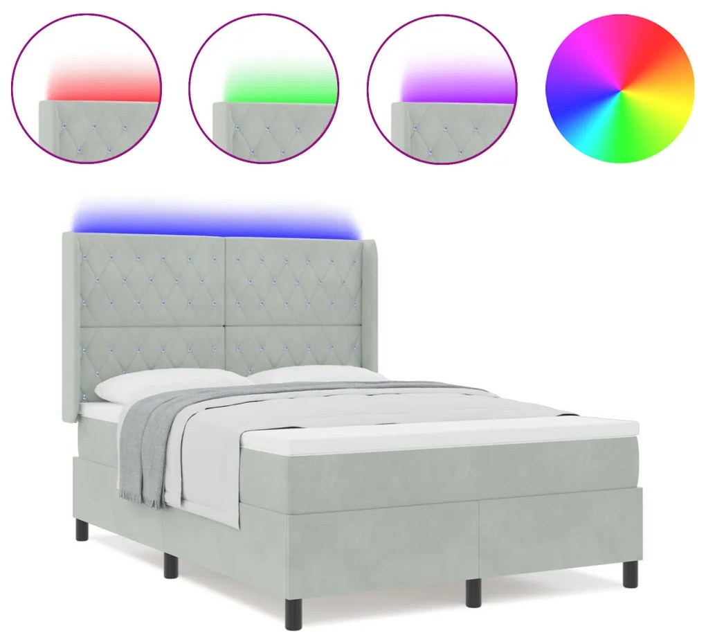 Boxrugós Ágy Mattal és LED Fénnyel Szürke 140x190 cm Bársony