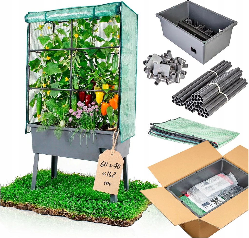 Mini erkély üvegház magasított kaspó 60x40x152 fűszernövények zöldségek