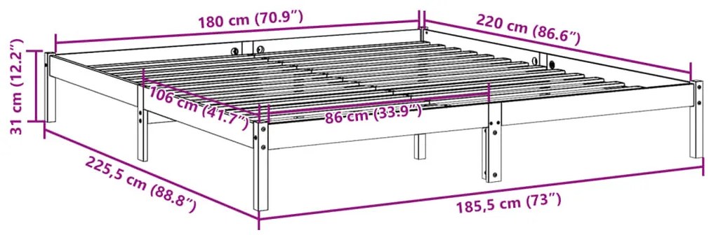 fehér tömör fenyő extra hosszú ágykeret matrac nélkül 180x220cm