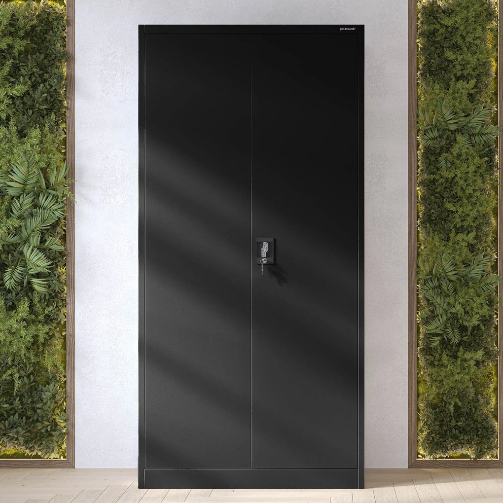 Fekete, rúddal ellátott, multifunkcionális fém szekrény, 900x1850x450 mm: DAWID All Black