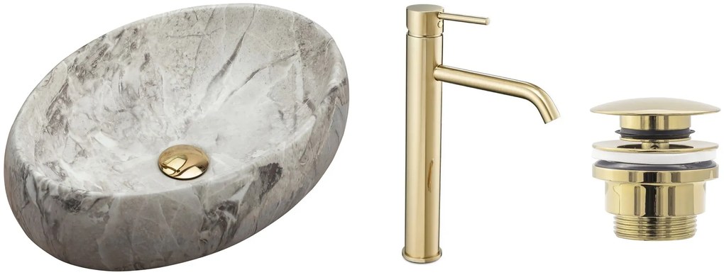 készlet Pultos mosdó Linda stone + Fürdőszobai csaptelep Lungo gold + Dugó gold