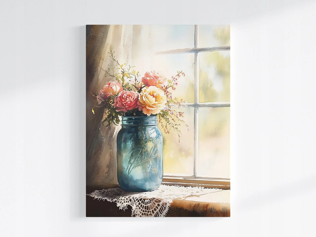 Vászonkép Canvas Akvarell Virágok Rózsák Befőttesüveg Ablak Shabby Chic 75x100