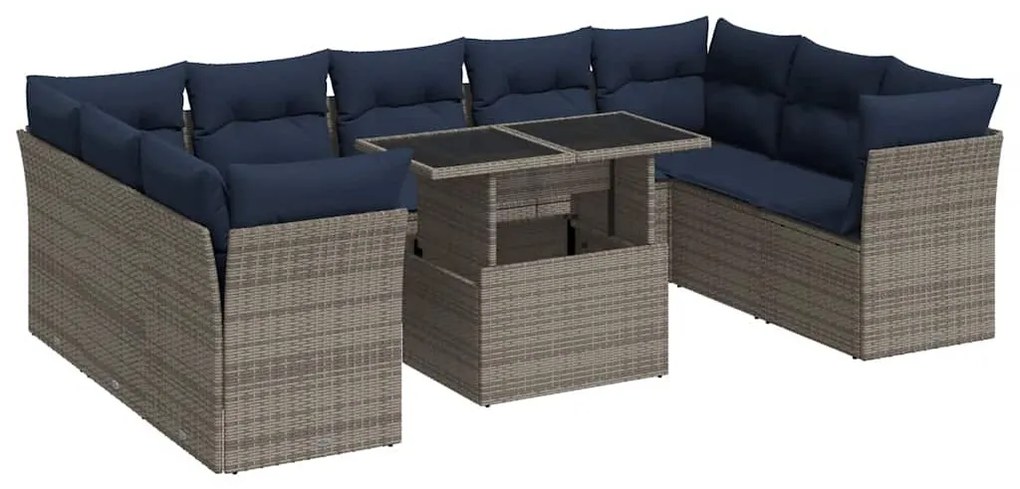 10 részes szürke polyrattan akácfa kerti ülőgarnitúra párnákkal