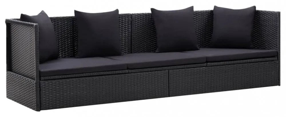 fekete polyrattan kerti ágy ülő- és hátpárnával