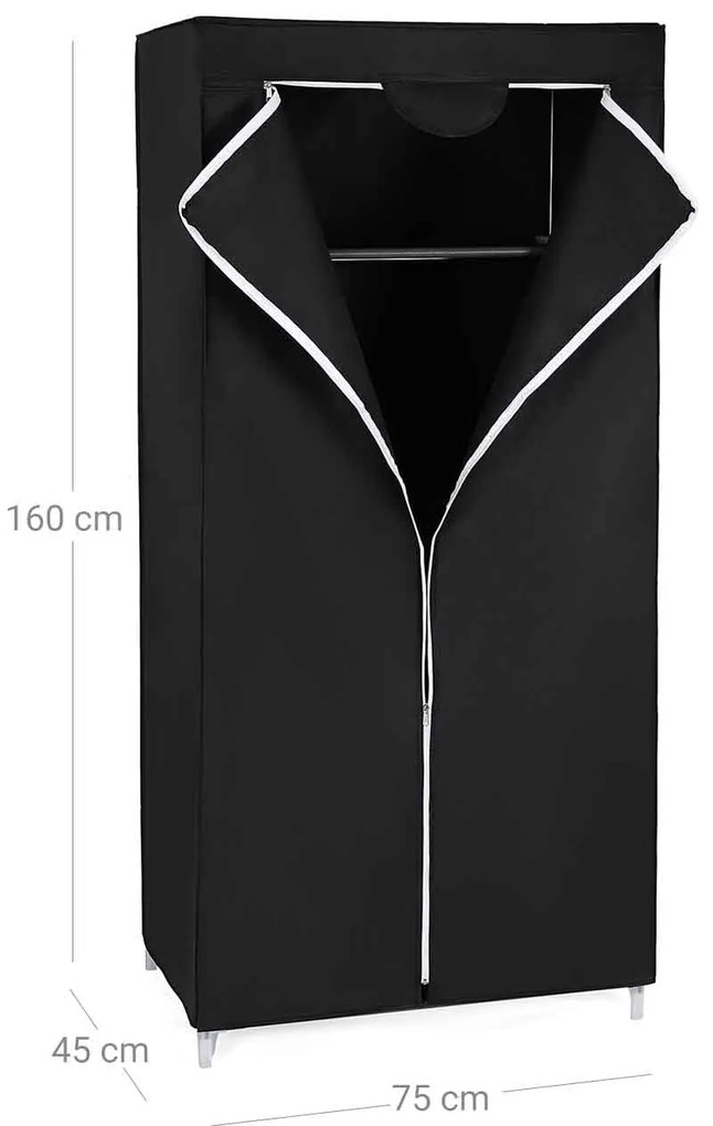 Összecsukható szövet ruhásszekrény, mobil gardrób, 75 x 45 x 160cm, fekete