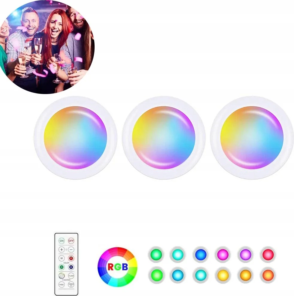 3x Vezeték nélküli lámpa Rgb Led lámpa 1x távirányítóval Szekrényvilágítás