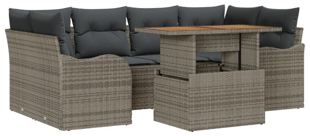 7 Részes Kerti Sofa Szett Párnákkal Szürke Poli Rattan Akácia, 2-Személyes Kerti Sofa Párnákkal Szürke Poli Rattan