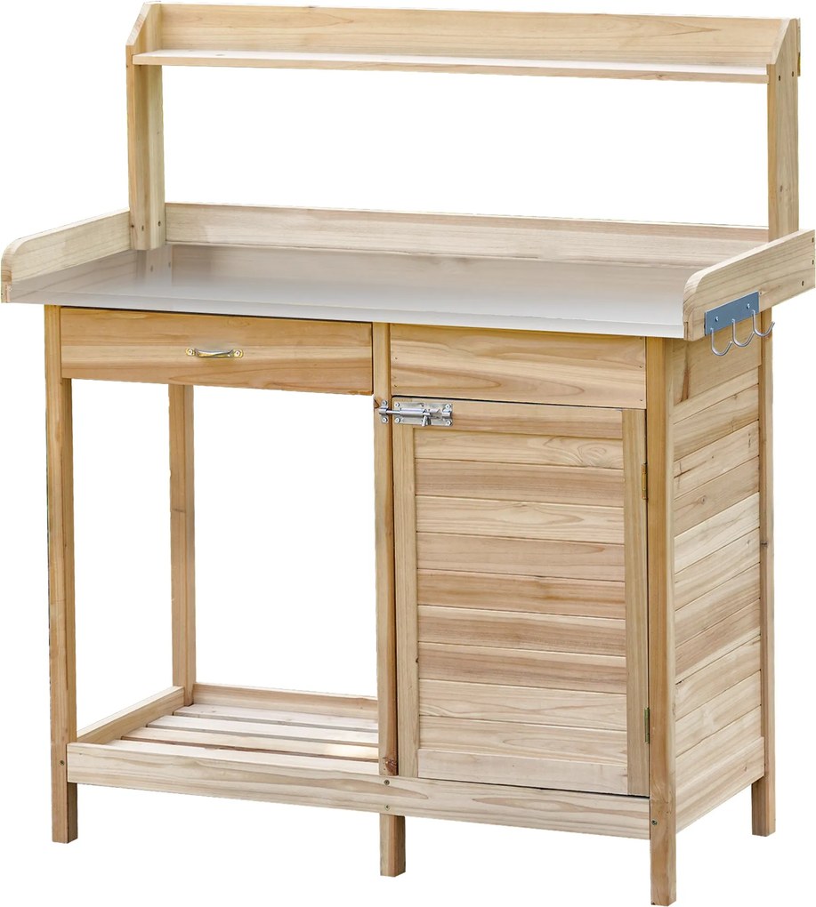 Outsunny Ültető Asztal Kertész Asztal 2 Polccal, Fiókkal, Szekrénnyel, Horganyzott Acél Lappal, 3 Horgonyzóval - Fenyő Fa Ültető Asztal | Aosom
