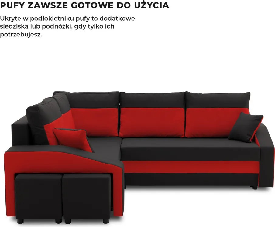 Grande sarokkanapé polcokkal és puffokkal , polc a jobb karfaban puffok a bal karfaban, baloldali, szövet anyag, bonell töltet, fekete - piros