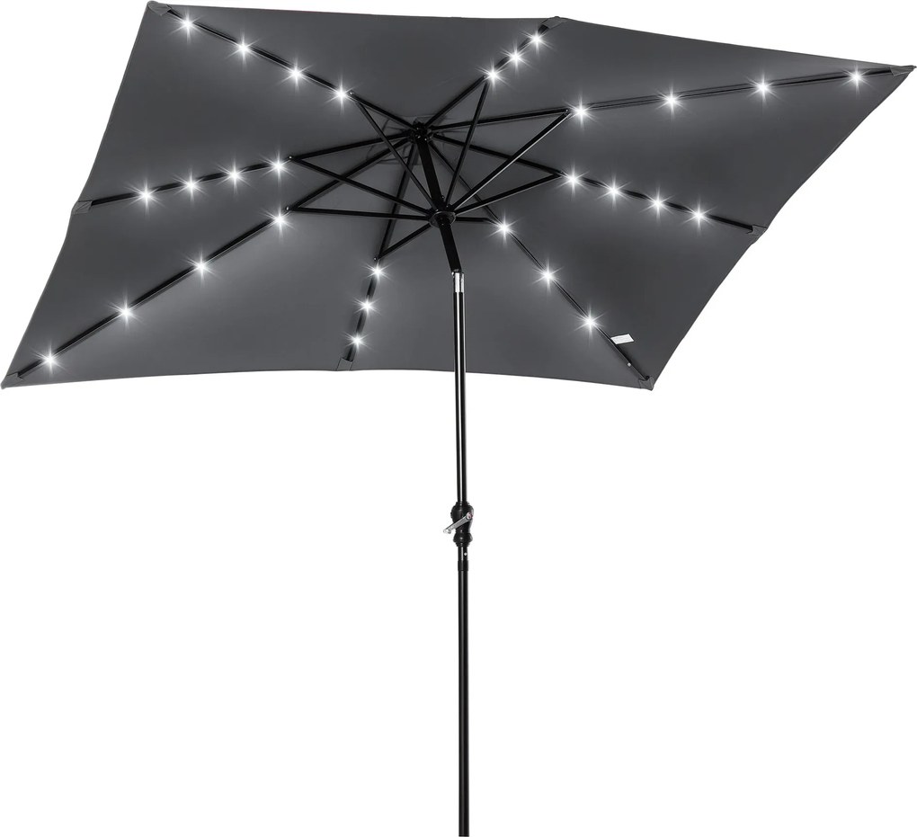 Outsunny Kerthelyiségi Napernyő 268x205x248 cm sötétszürke LED világítással, 45°-os dőlésszögű tetővel, acél rúddal és kurblis növeli | Aosom