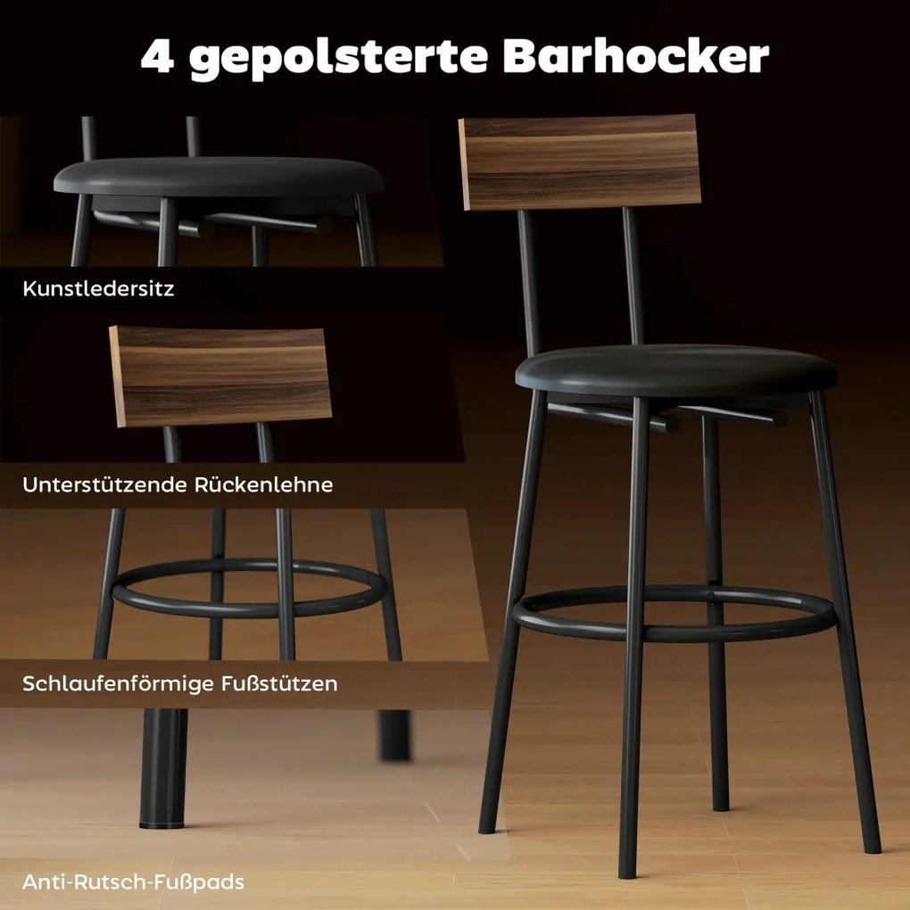 Bárasztal szett 4 székkel, ipari formatervezés, fa, acél, barna