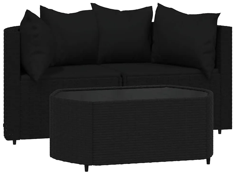 3 részes fekete polyrattan kerti ülőgarnitúra párnákkal