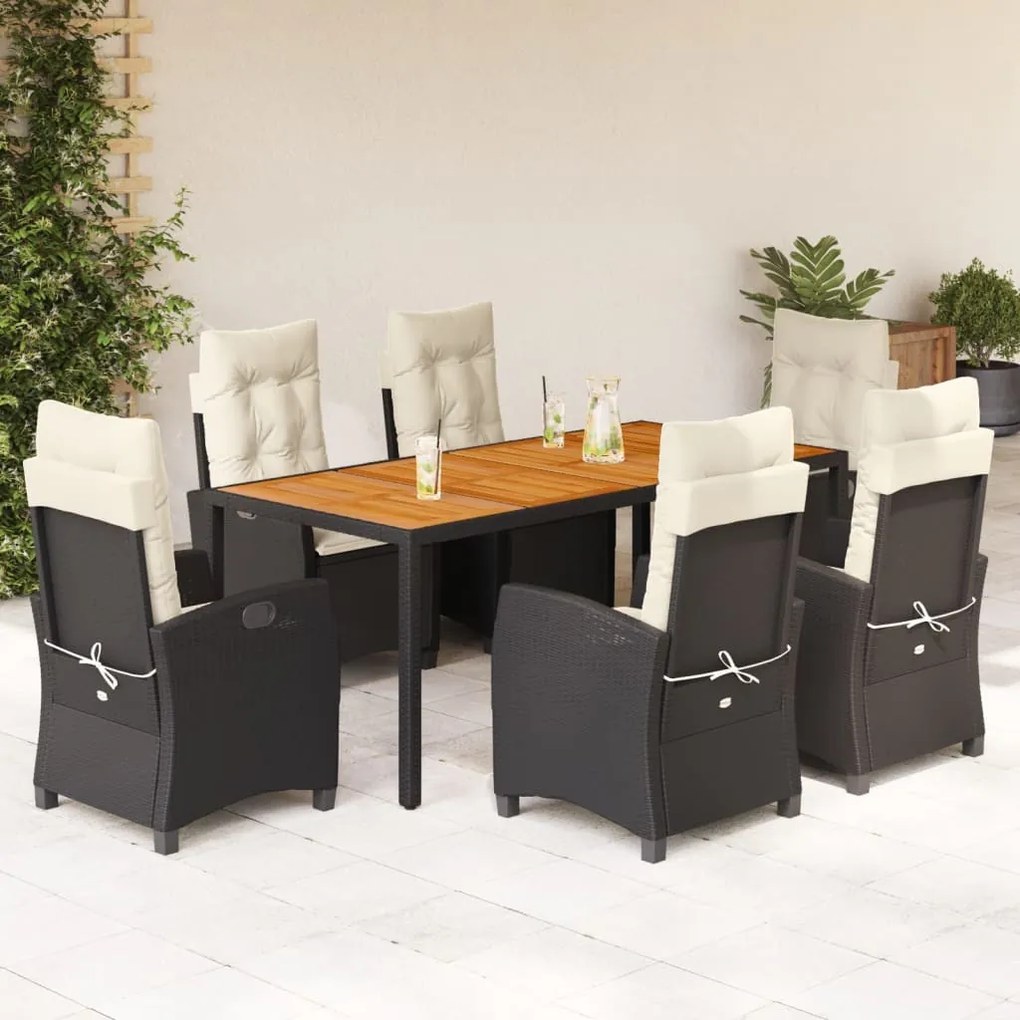 7 részes fekete polyrattan kerti étkezőgarnitúra párnával
