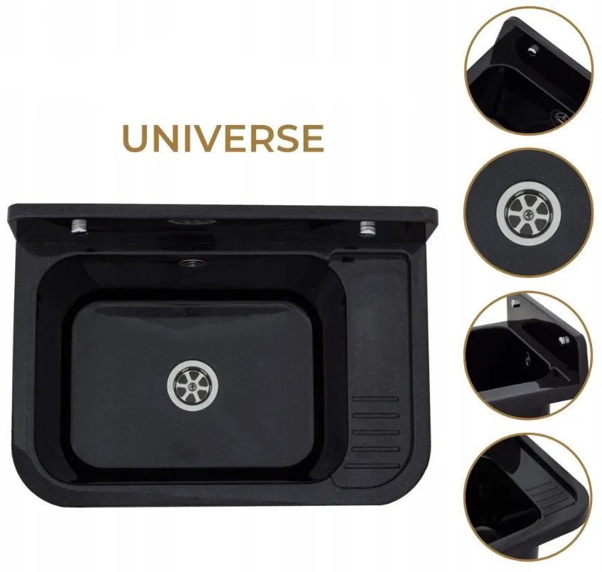 Mosogató Quality Universe, univerzális műanyag mosogató 50x34x31 cm + szifon, 1 kamrás, fekete, SKQ-KGK50-BK
