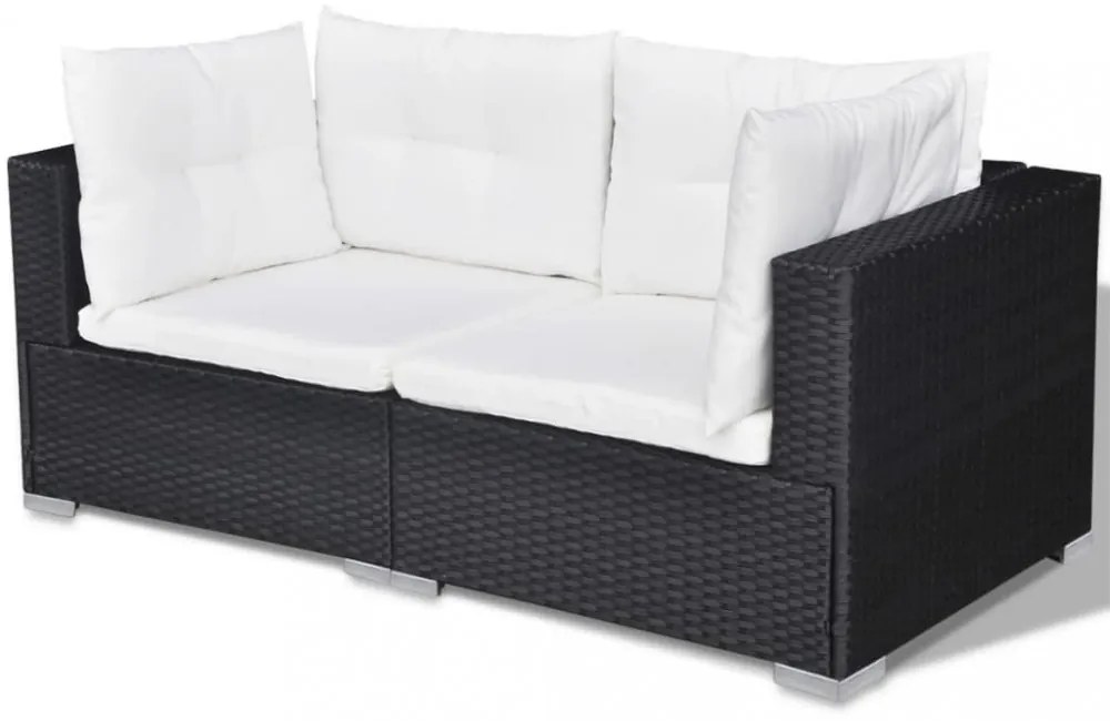 10-részes fekete polyrattan kerti bútorszett párnákkal