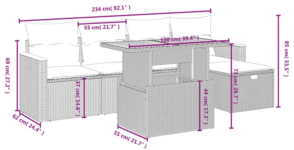 6 részes bézs polyrattan kerti ülőgarnitúra párnával