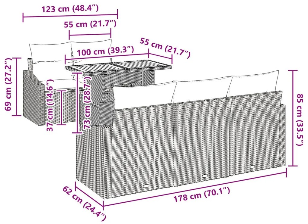 6 Darabos Kerti Étkező Szett Párnákkal Fekete Poly Rattan Akác