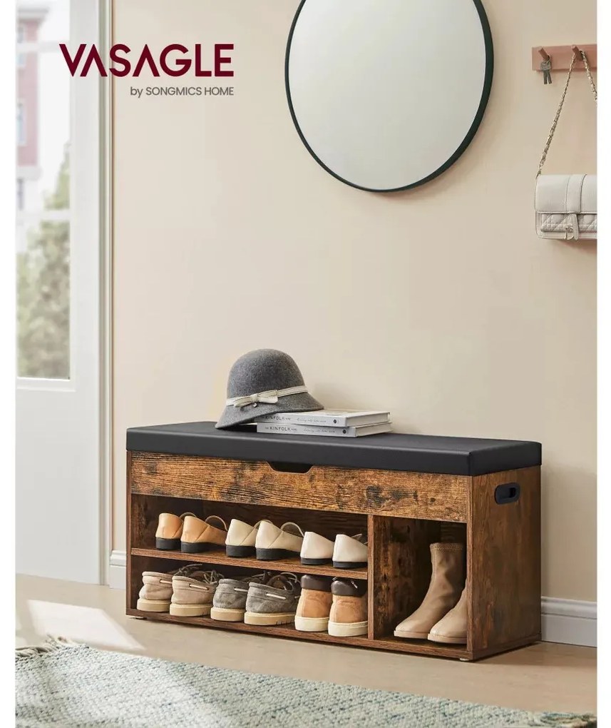 Cipőtároló pad, párnázott ülőfelülettel, felnyitható, rusztikus barna 100x30x44cm