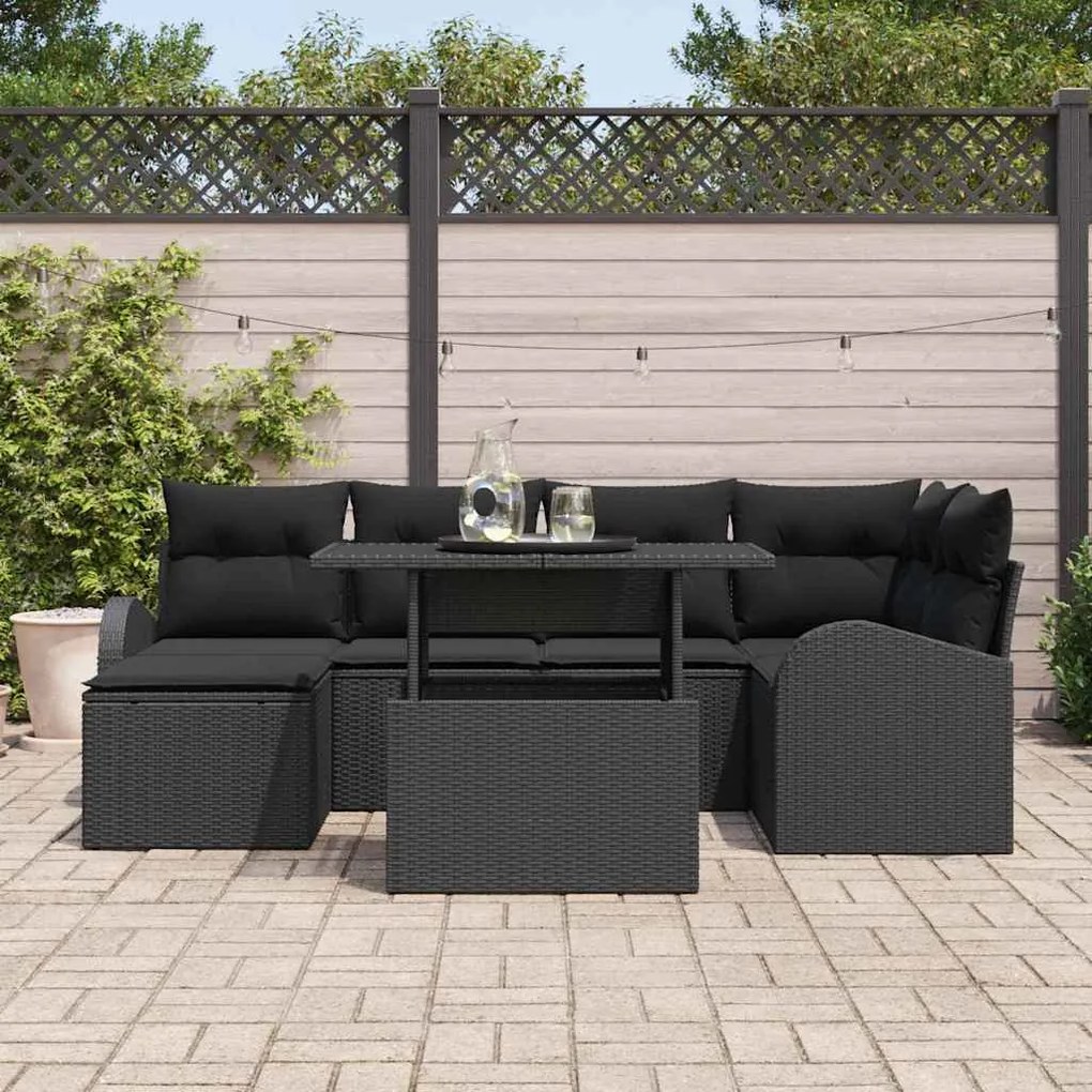 Kerti Kanapé Szett 7 pcs Fekete Mű rattan, porszórt acél