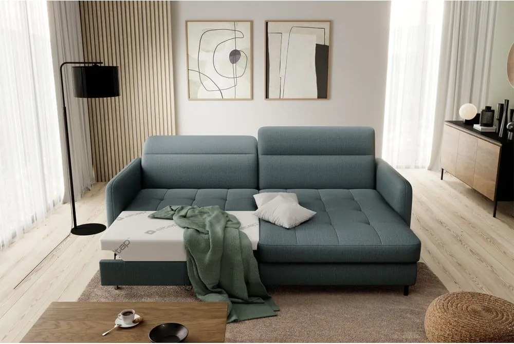 Szürkészöld bársony kinyitható-tárolóhelyes sarokkanapé (jobb oldali-heverő résszel) Gomsi – ELTAP