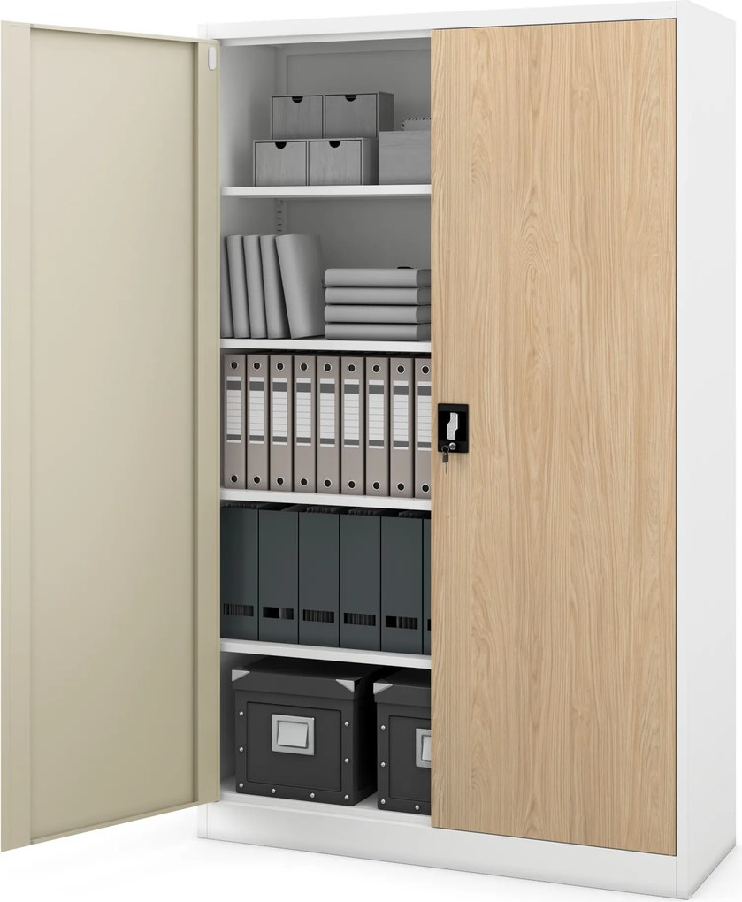 Fém irodai iratszekrény, széles, fehér/sonoma tölgy, 1150x1850x400 mm: JAN II Eco Design
