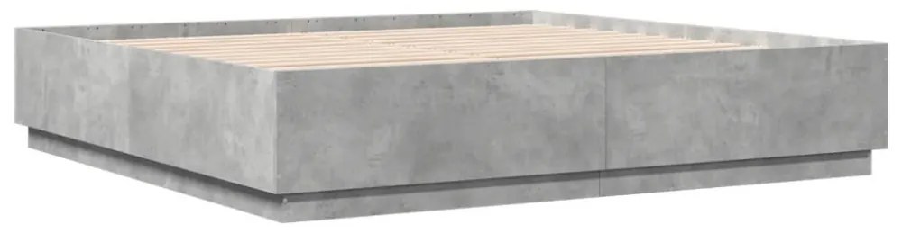 betonszürke szerelt fa ágykeret LED-világítással 200 x 200 cm