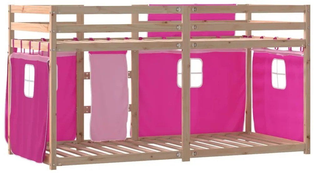 rózsaszín tömör fenyőfa emeletes ágy függönyökkel 90 x 190 cm