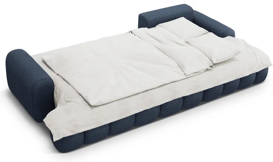 Sötétkék kinyitható-tárolóhelyes sarokkanapé (jobb oldali-heverő résszel) Linz – Cosmopolitan Design